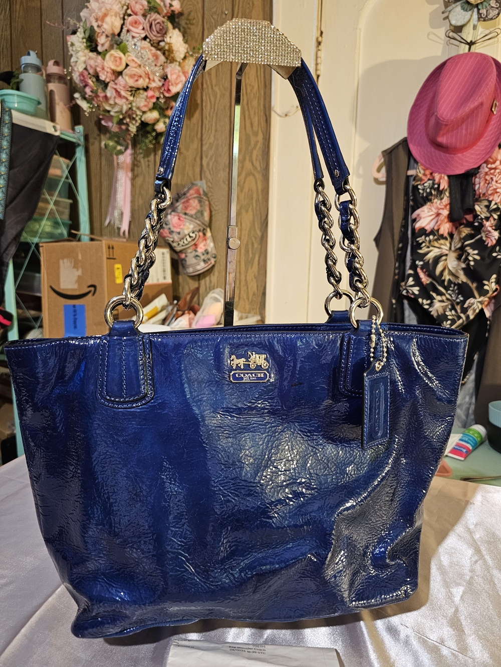 Coach Signature Patent Leather Tote Bag in Deep Blue W/COA
